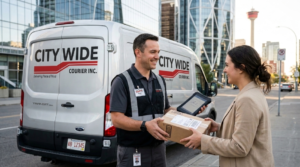 Courier handing package to client