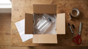 Courier parcel packed with cushioning and a sealed liquid